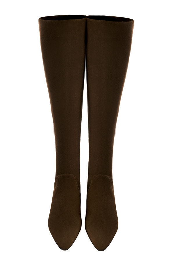 Dark brown women's knee-high boots, with laces at the back. Tapered toe. Low flare heels. Made to measure. Top view - Florence KOOIJMAN
